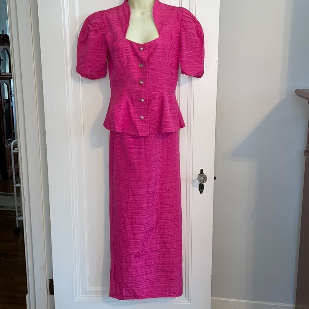 Vtg 80s Bridal Originals bright‎ fuchsia pink 2 pc taffeta dressy outfit
